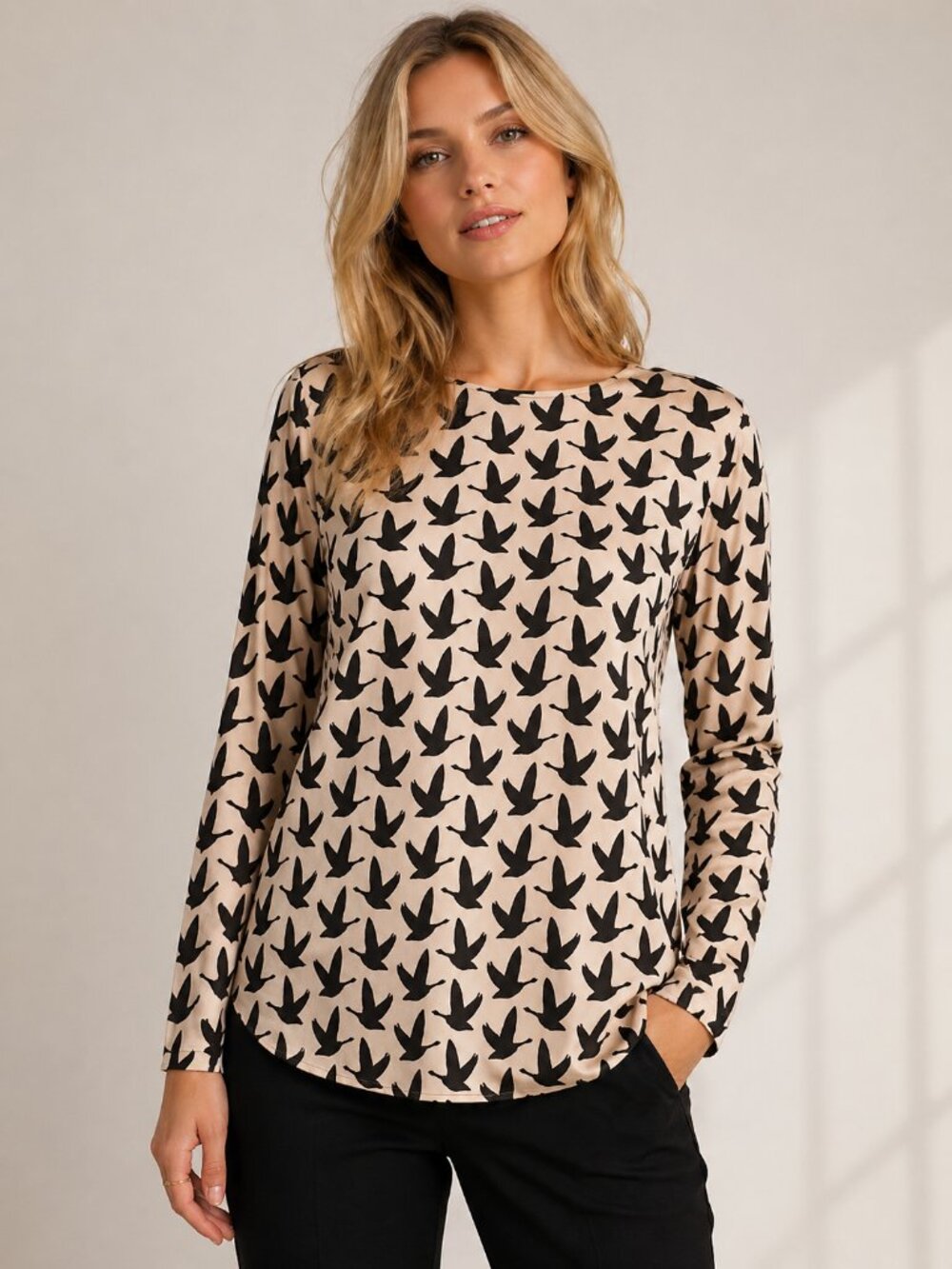 H&M Bird Print Long Sleeve Blouse Womens Size 10 Casual Top